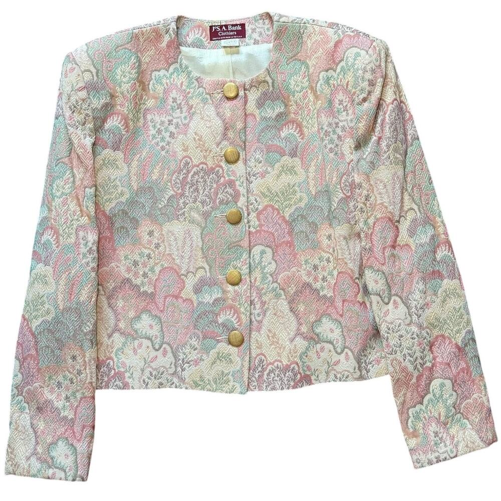 JoS. A. Bank Vintage Jacquard Cropped Jacket Gold Buttons Pastel Size 12